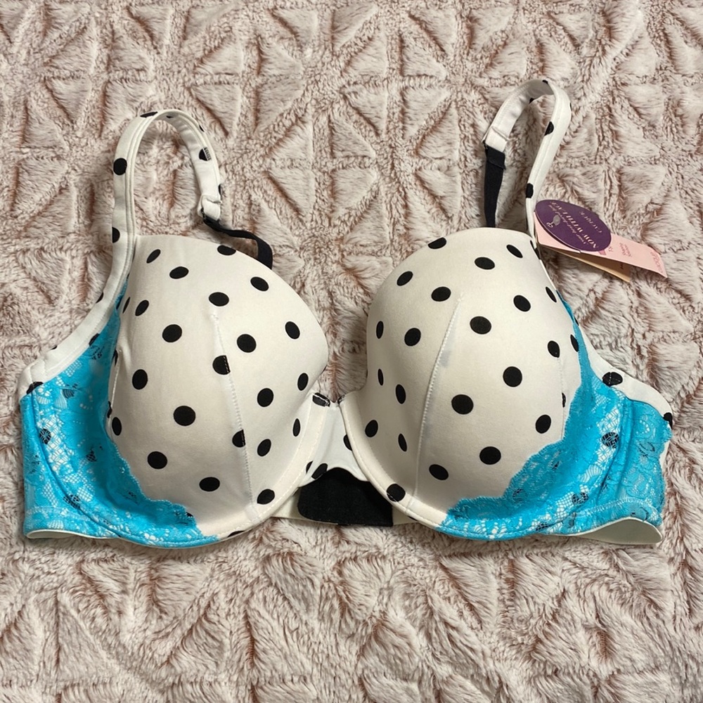 Cacique, NWT women’s white/black polka dot T-shirt bra with blue lace. Size 38DD